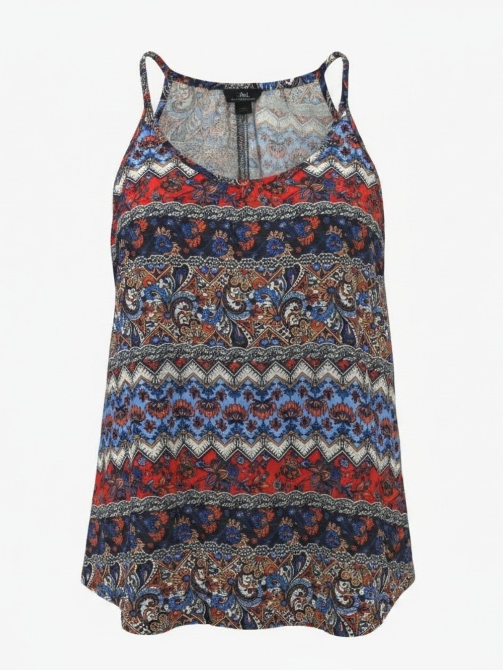 I.N. San Francisco Red, Blue and Brown Paisley Stripe Spaghetti Strap Tank